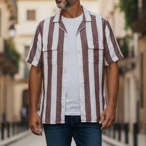 Men's BAIRD MCNUTT Murano Brown & White Striped Short Sleeve Linen Shirt Sz L